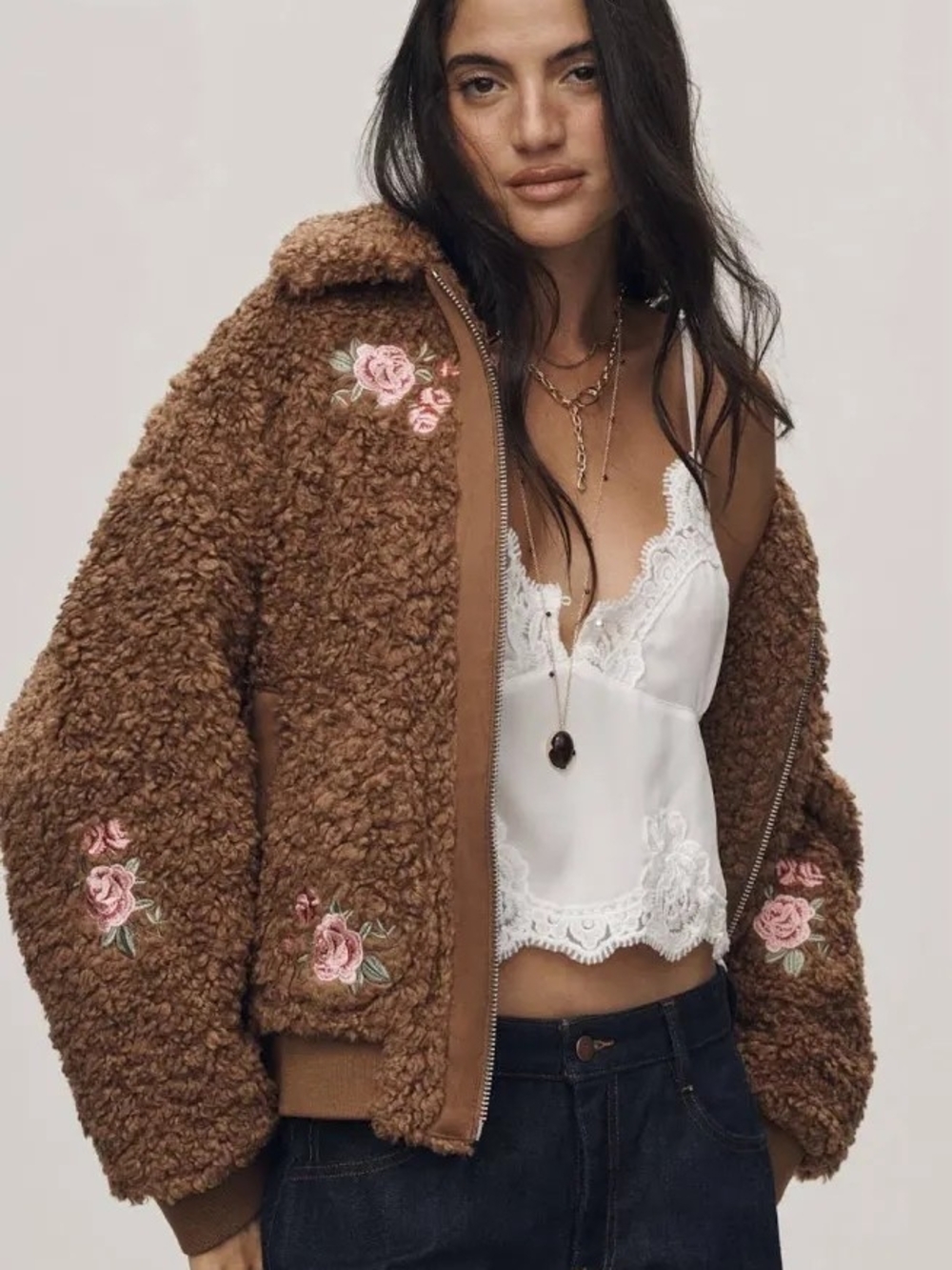 Floral Embroidered Sherpa Bomber Teddy Jacket by Anthropologie